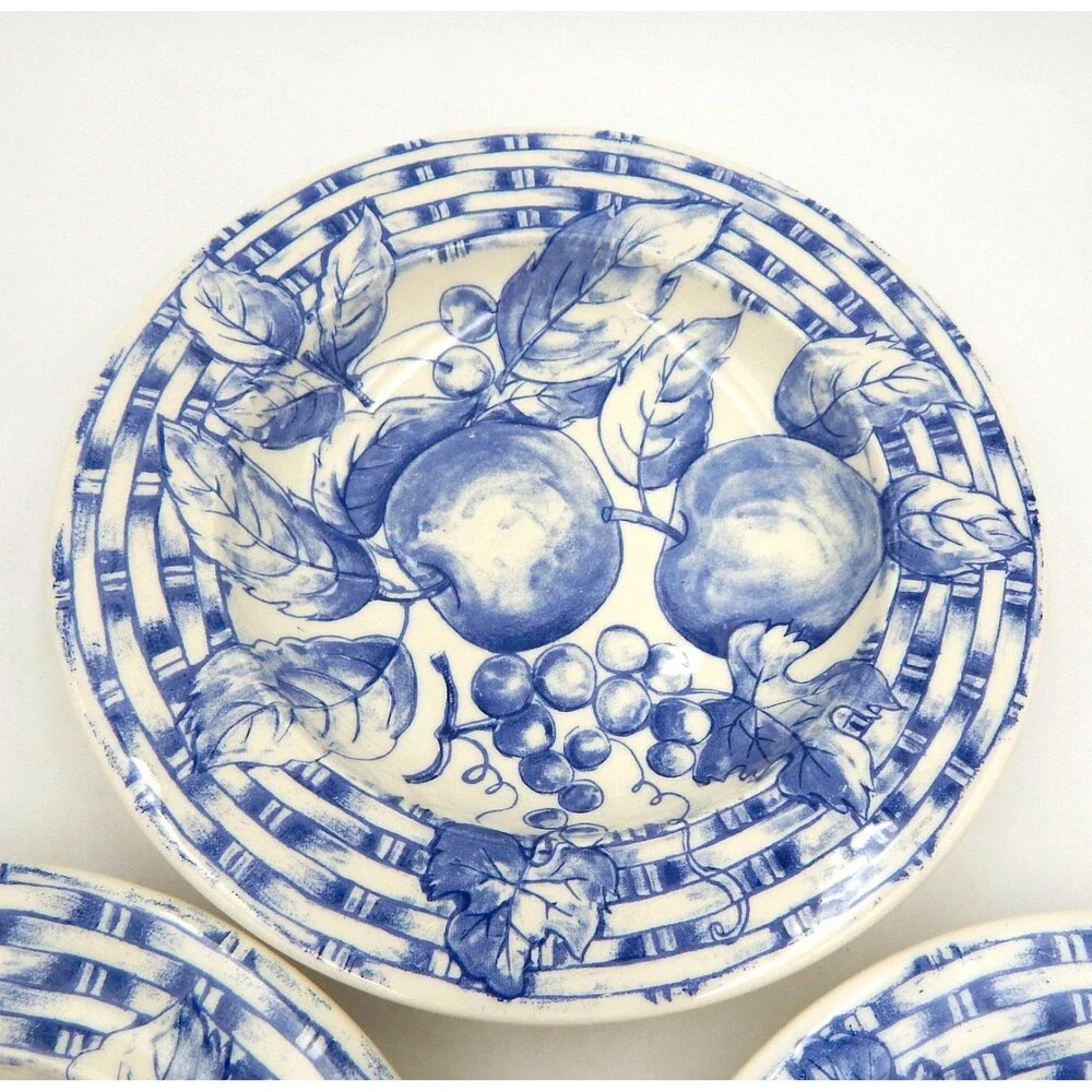 Pier 1 Soup Pasta Bowls Basket Weave Blue White Rim Apples Handpainted Italy S/3